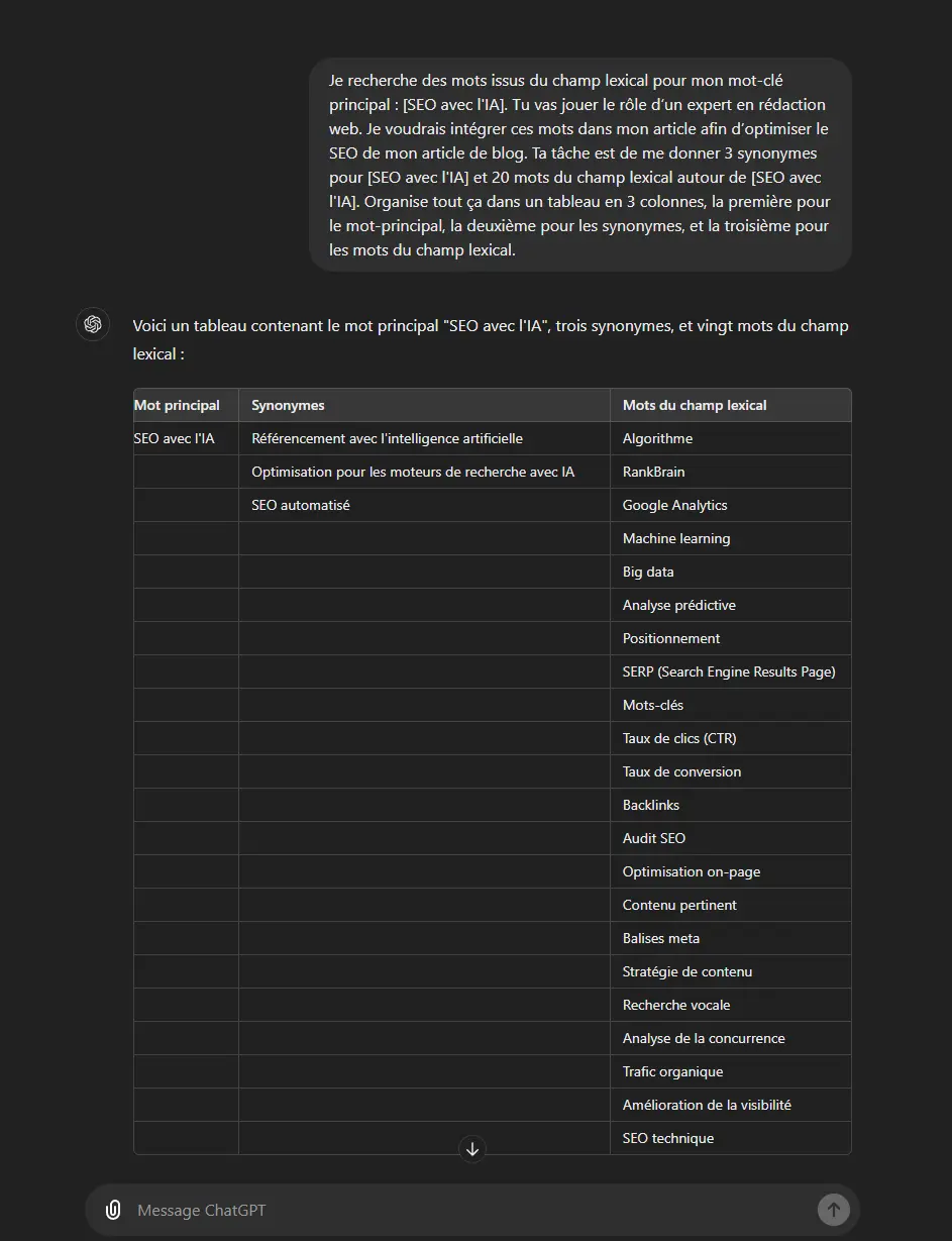 Capture d'écran de ChatGPT pour une requête permettant de travailler son SEO avec l'IA