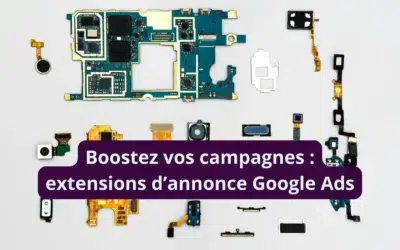 Boostez vos campagnes avec des extensions d'annonce Google Ads, illustré par un visuel technique de composants électroniques.