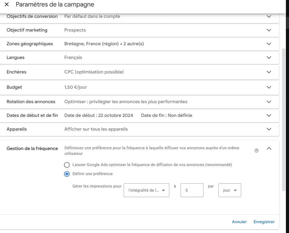 Capture d'écran des paramètres de campagne Google Ads, avec un budget de 1,50 €/jour et une optimisation de la rotation des annonces pour privilégier les plus performantes. La gestion de la fréquence est définie manuellement pour limiter à 5 impressions par jour auprès du même utilisateur.