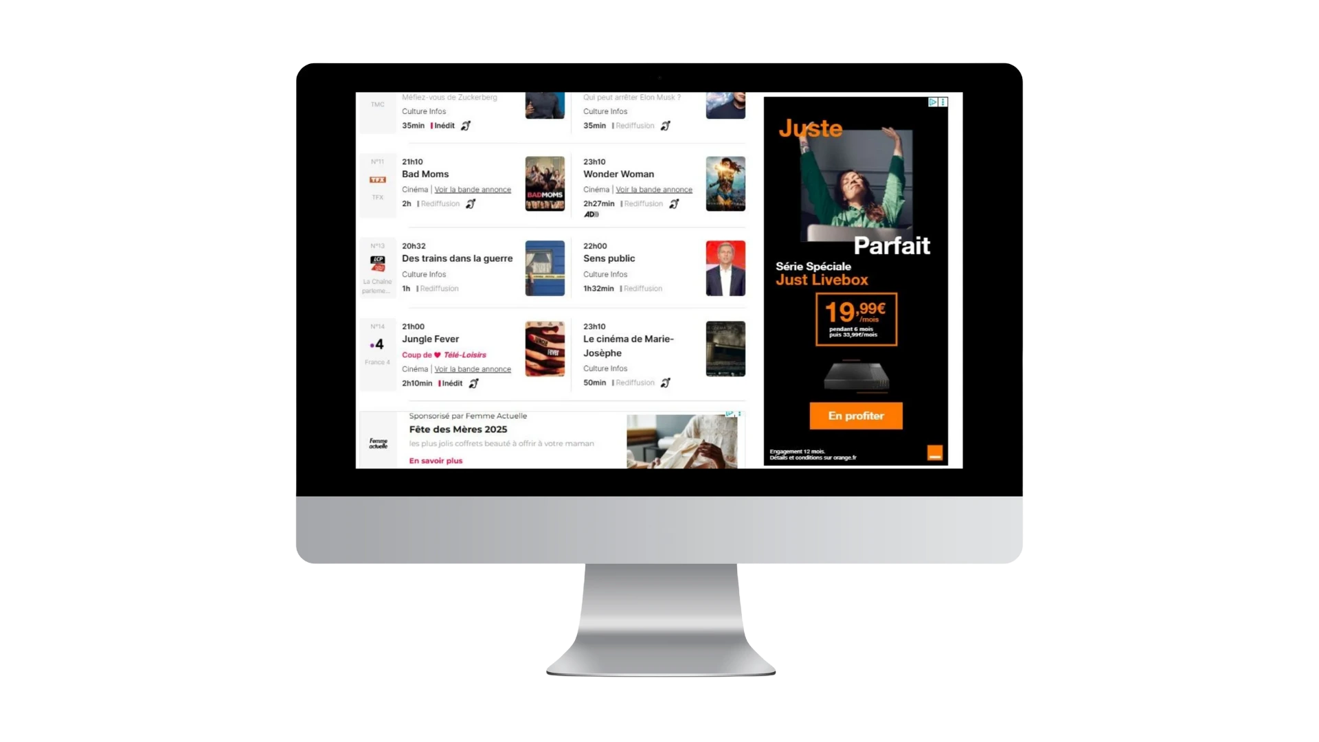 Ecran d'ordinateur affichant une page web d'actualités et de divertissement avec des vignettes d'articles et une publicité verticale pour une offre "Just Livebox" d'Orange. Exemple de campagne Display Google Ads sur téléloisirs.