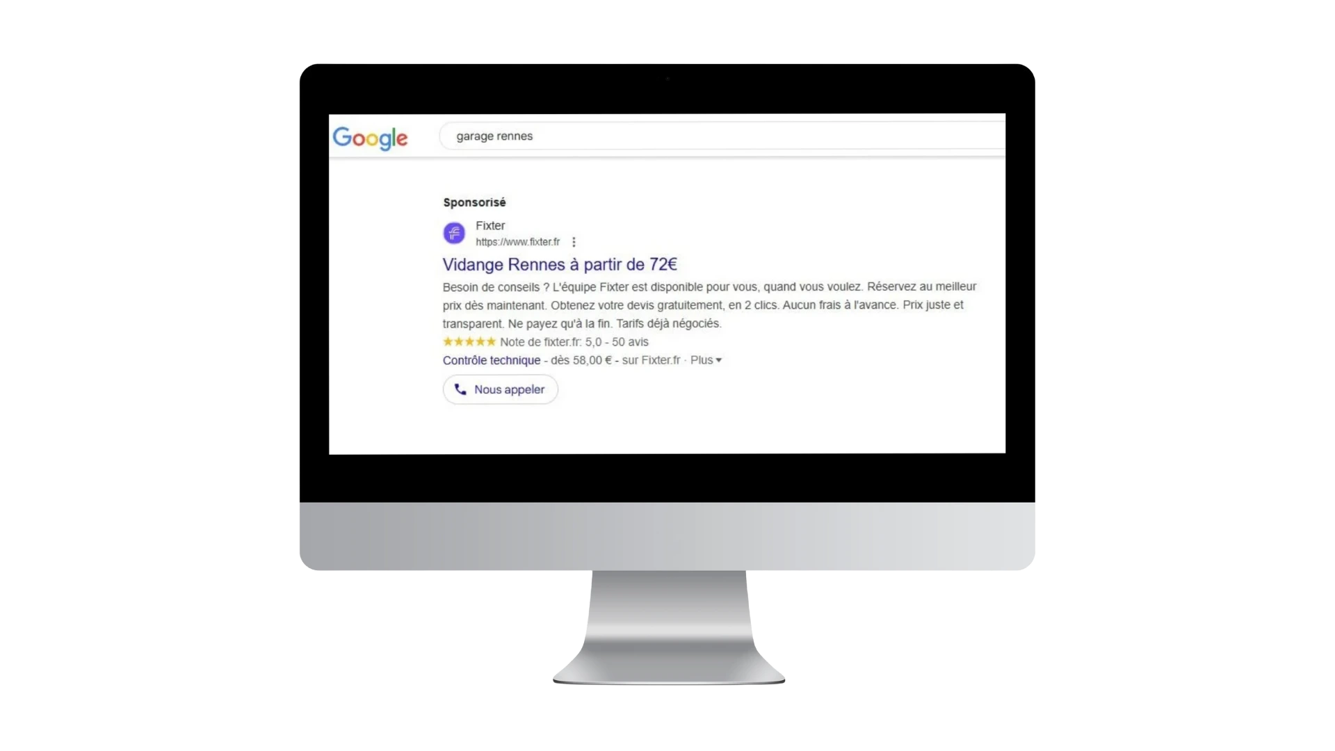 Publicité Google Ads pour un garage à Rennes avec vidange à partir de 72 euros affichée sur écran d’ordinateur. Exemple de campagne Search Google Ads.