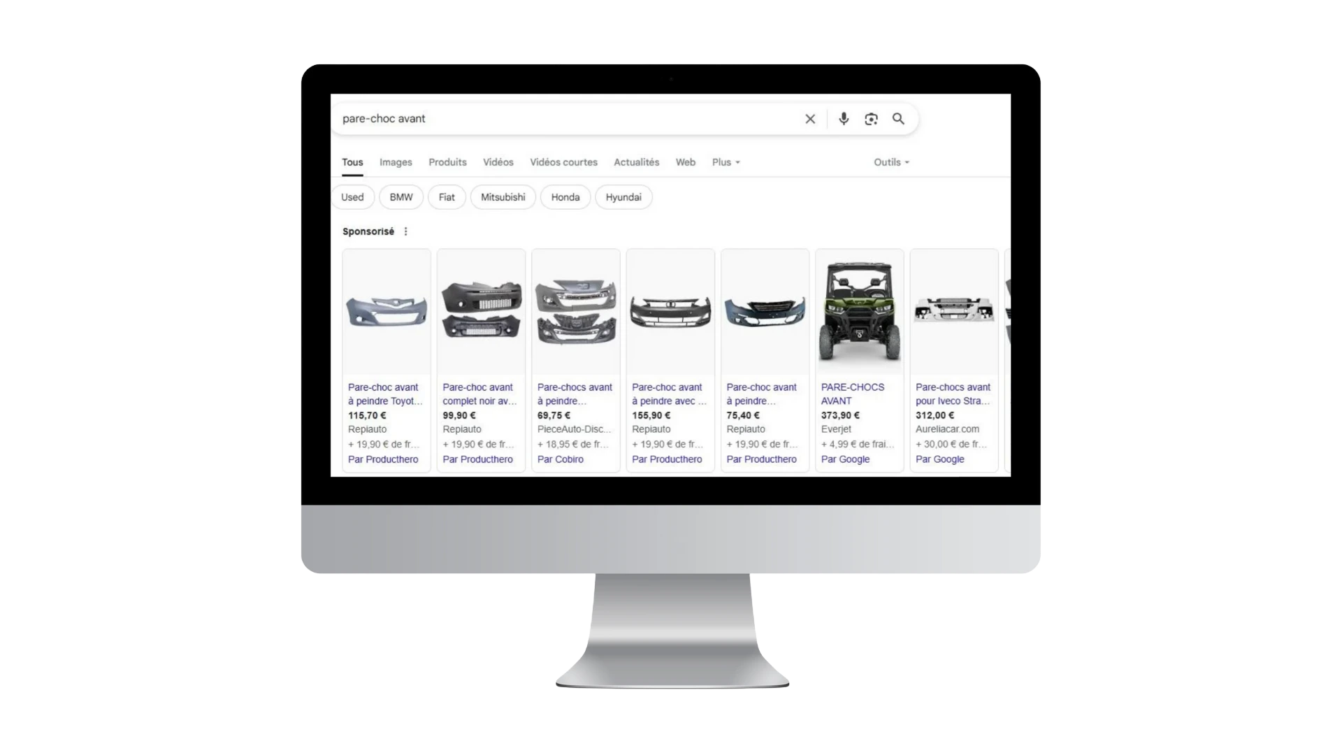 Résultats Google Shopping sponsorisés pour pare-choc avant avec visuels et prix affichés sur un écran d’ordinateur. Shopping standad google ads.